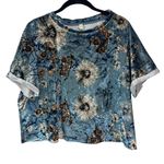 Wishlist Women’s Crushed Velvet Peach Blue Floral Cuffed Short Sleeve Size S Photo 0