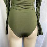 SheIn SXY Olive Green Satin Bodysuit Off Shoulder Long Flared Sleeve Ruched S Photo 5