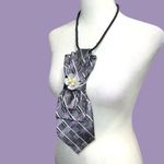 “Dainty Dapper” Purple and Black Plaid Necktie necklace with Floral Accent Photo 3