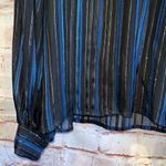 John Yang Shirt Womens 12 Blue Black Striped Long Sleeve Blouse Ruffle High Neck Photo 2