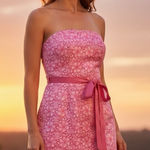 Lilly Pulitzer Sz 4 Pink Embroidered Floral Ribbon Belt Strapless Dress Cotton Photo 0