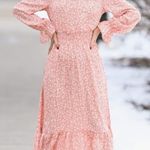 Blue Red Ditsy Floral V Neck Smocked Waist Ruffle Elastic Cuff Midi Dress Photo 0