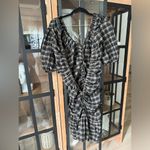Ganni  Ruched Seersucker Mini Dress Plaid Tan Black beige puff sleeves neutral Photo 9