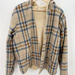 Entro Women Tan Blue Plaid Open Front Fur Lined Shacket Hood Wool Blend Size L Photo 0