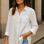 Flax Linen Tunic White Button Down Long Sleeve Collared Relaxed Coastal Chic SzL Photo 0