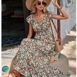 Women’s Ditsy Floral Ruffle Trim V Neck Smocked Waist Boho Maxi Dress M L XL NWT Green Size M Photo 5