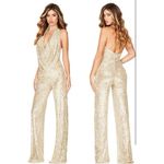 Curvy Plus XXL Gold Sexy Halter Cowl Neck Sparkly Jumpsuits Sleeveless Sequin Photo 1