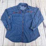 Solutions Denim Christmas Holiday Denim Button Up Shirt Embroidered Small Ugly Blue Photo 3