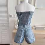 Denim Strapless Tube Top Womens Large Bustier Corset Belted Zip Blue Photo 1