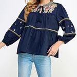 Piper & Scoot  Dance With Me Tiered Floral Embroidered Boho Peasant Top Navy Blue Photo 5