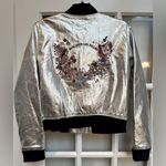 ZARA Outerwear Silver Metallic Bomber Jacket Embroider Floral Butterflies Size M Photo 2