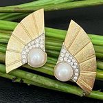 Park Lane Vintage  Brushed Gold-tone Rhinestones Faux Pearl Fan Earrings 16.1g Photo 0