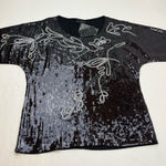 Investments  Black Sequin Top‎ Short Sleeve Squiggle Size Small NEW *FACTORY FLAW Photo 0
