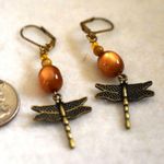 Source Unknown Vintage Amber & Brass Tone Dragonfly French Clip Fairy Earrings Photo 0