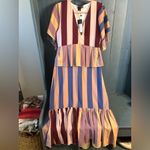 New Lost Ink Chic Striped Midi Dress in Burgundy and Pink | Size Medium Red Photo 3