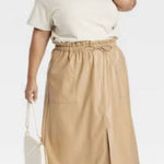 Ava & Viv Tan faux leather Midi Skirt Drawstring Waist Sz 3X NWT Neutrals Office Photo 0