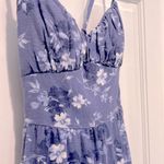 Hollister Open Back Linen Blend Mini Dress Lace Up Tie Back Blue Floral XS Photo 3
