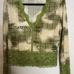Piano Womens Medium Full Zip Blouse Top Green Plaid Lace Trim Retro Preppy‎ Photo 0