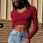 Brandy Melville 🌞John Galt Maroon Red V Neck Cropped Long Sleeve Sweater #P Photo 0