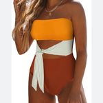 Viottiset Women's Bandeau One Piece Swimsuit Strapless Tie High Cut Out Bathing Suit Multiple Size L Photo 1