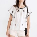 Madewell slightly sheer white cotton top w/ black, red & yellow embroidery. S Photo 0