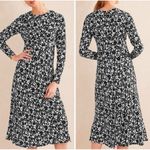 Boden Crew Neck Midi Tea Dress Long Sleeve Black Bloom Floral Size 2R Abstract White Photo 1