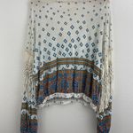 Free People White Blue Macra Maze Me Printed Fringe Bohemian Pleasant Blouse Photo 9