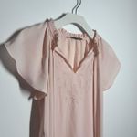 LOFT Top Women XS Pink Embroidered Tie Neck Blouse Cottage Minimal Modest Work Photo 3