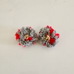 Handmade Cozy Gray & Red Pom Pom Boho Chunky Knit Yarn Earrings, Stud Post Back Photo 11