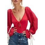 Free People NEW Bali Jolene Open Tie Back Balloon Sleeve Red Bodysuit XS $128 Photo 0