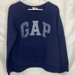 Gap EUC  women’s navy blue glitter decal‎ fleece lined long crewneck sweatshirt L Photo 0