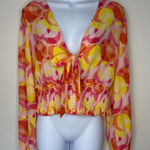 Ny&co NY&C Tie Front Blouse Top Large Pink Yellow Orange Geometric Print Long Sleeve Photo 0