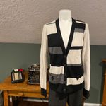 Halogen  Cardigan Sweater Merino Wool Striped Black Gray Cream Large L Photo 2