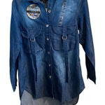 Thrill blue jean button down casual western belted pocket dress shirt 70s vibe Size M Photo 0