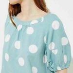 Loft Ann Taylor blue linen cotton Polka Dot Puff Sleeve Pleated Short Sleeve Top Photo 7