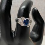 Sterling Silver 925 Oval Blue Sapphire Diamond Halo Elegant Engagement Ring Photo 1