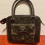 Faux Alligator & Fabric Handbag, Embossed Hearts Brown w/ Silver Heart Accents Photo 0