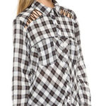 Free People Black White Plaid Lace-Up Cutout Snap Down Gauze Long Sleeve Shirt Photo 0
