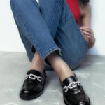 ZARA Black Faux Leather Rhinestone Chain Link Loafers 8.5 Photo 0