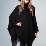 Elan NWOT  Black Fringe Knit Bohemian Poncho Sweater Shrug One Size Womens Photo 0