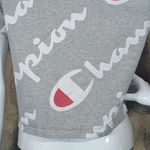 Champion T Shirt Woman's Small Heritage Athletic Gray Cropped All Over Script Photo 6