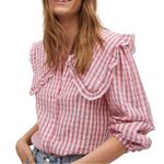 Mango Babydoll Gingham plaid cotton buttoned shirt blouse red white Sz 10 Photo 1
