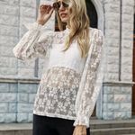 SheIn Coquette Sheer Lace Ruffle Mock Neck Long Sleeve Blouse Cream Small Photo 2