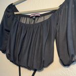 Almost Famous Black Crop Blouse with Puff Sleeves and Tie Front SZ S Wide Neck Photo 3