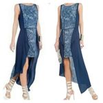 BCBG Maxazria Parisian blue dress textured denim print Asymetrical small urika Photo 1