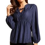 Mason & Belle NWT Boutique Top Navy Lace Blouse Long Sleeve Cinched Waist Sz L Photo 0