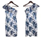 Eliza J Blue Floral Print One Shoulder Sheath Dress Metallic Ruffle Size 6 New Photo 2