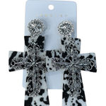 Cow Print Cross Dangle Earrings Western Country Silver Tone Statement New Black Photo 0
