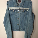 Boom Boom Jeans Embroiled denim jacket with pom poms button up fall winter size medium Photo 0