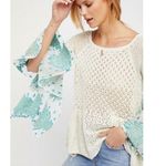 Free People Pointelle Breeze Bell Sleeve Top Tunic Medium M Blue Ivory Photo 2